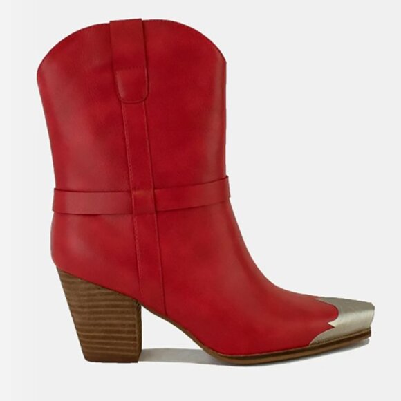 BEAST FASHION Shoes - NWT BEAST FASHION Faux Leather Red Ankle Boots with Metallic Toe Detail, 3" Heel